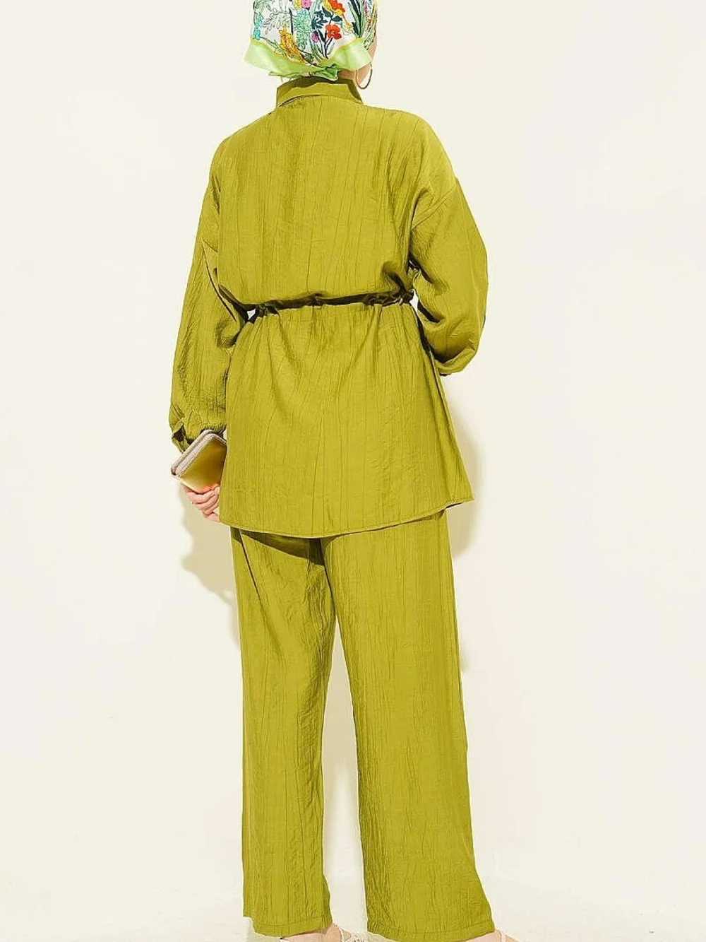 Oil Yellow Tunic Set Rhinestone Buttons Wide Leg Pants Modest XL
